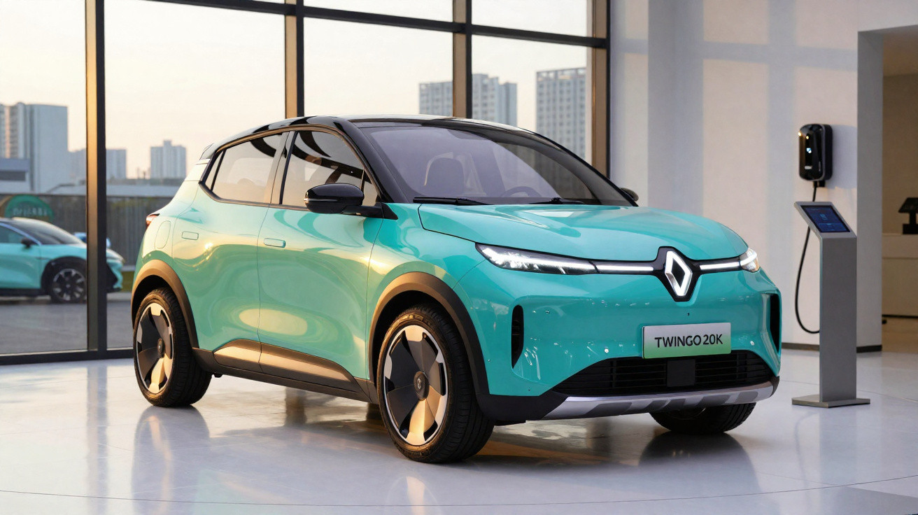 Carro elétrico Renault Twingo 20K azul-turquesa estacionado perto de estação de carregamento interior.