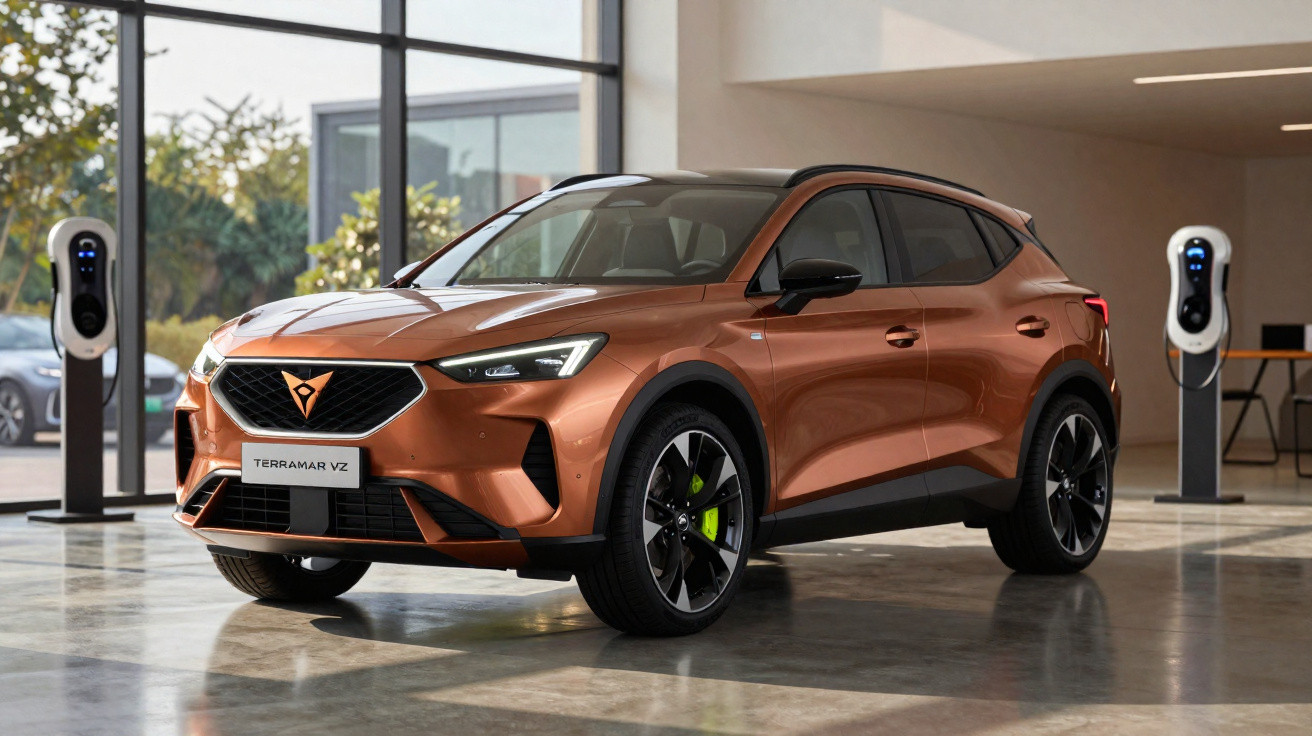 Automóvel CUPRA Terramar VZ elétrico de cor cobre, estacionado em showroom moderno com carregadores elétricos.