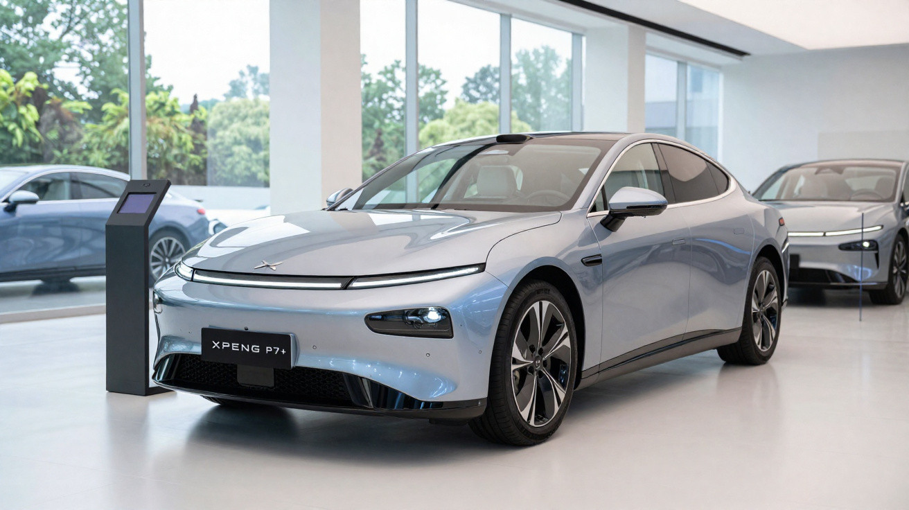 Carro elétrico cinza XPeng P7+ moderno em exposição num salão com janelas grandes e piso branco.