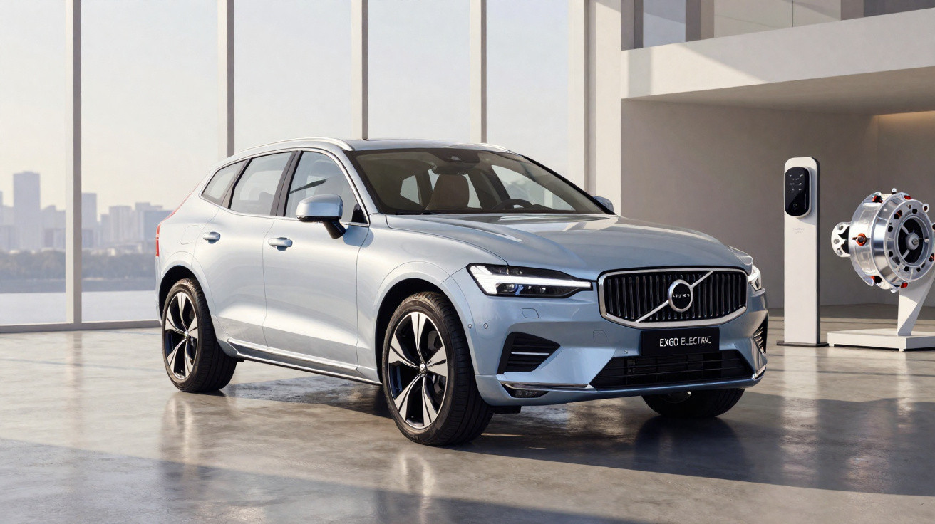 Veículo elétrico Volvo EX60 prata estacionado em interior moderno com carregador elétrico visível.