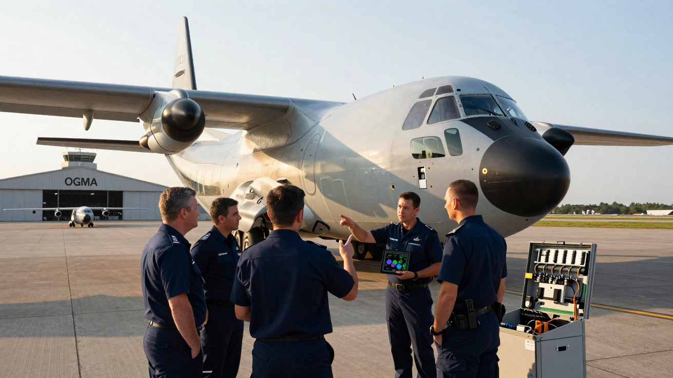 Cinco homens fardados em conjunto junto a avião militar estacionado na pista de aeroporto durante reunião.