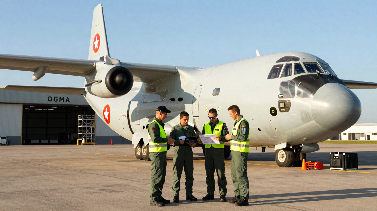 Quatro militares em uniformes e coletes refletores analisam documentos junto a avião militar branco numa pista.