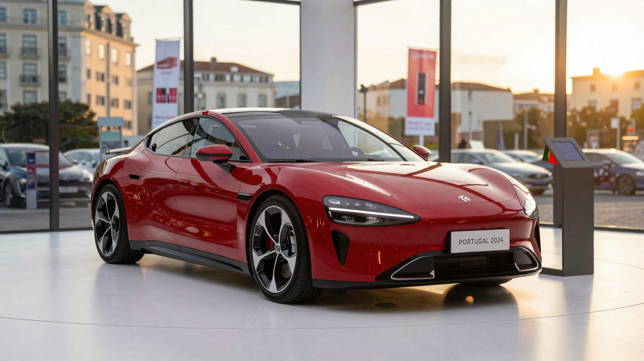 Carro desportivo elétrico vermelho num showroom com vista para edifícios ao entardecer.