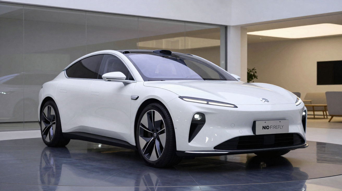 Carro elétrico branco Nio Firefly estacionado num espaço moderno com chão reflexivo.