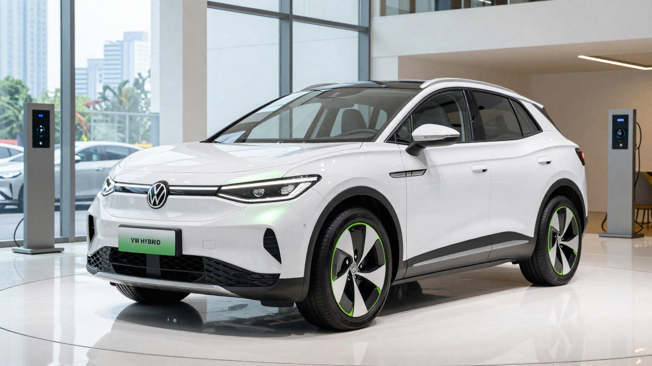 Carro Volkswagen híbrido branco estacionado numa sala com janelas amplas e carregadores elétricos.