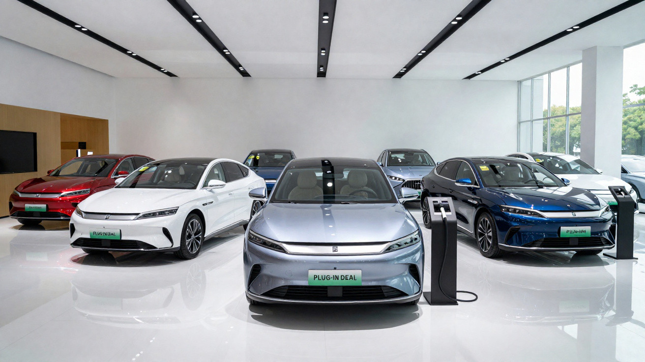 Showroom moderno com vários carros elétricos plug-in de cores variadas em exposição num espaço amplo e luminoso.