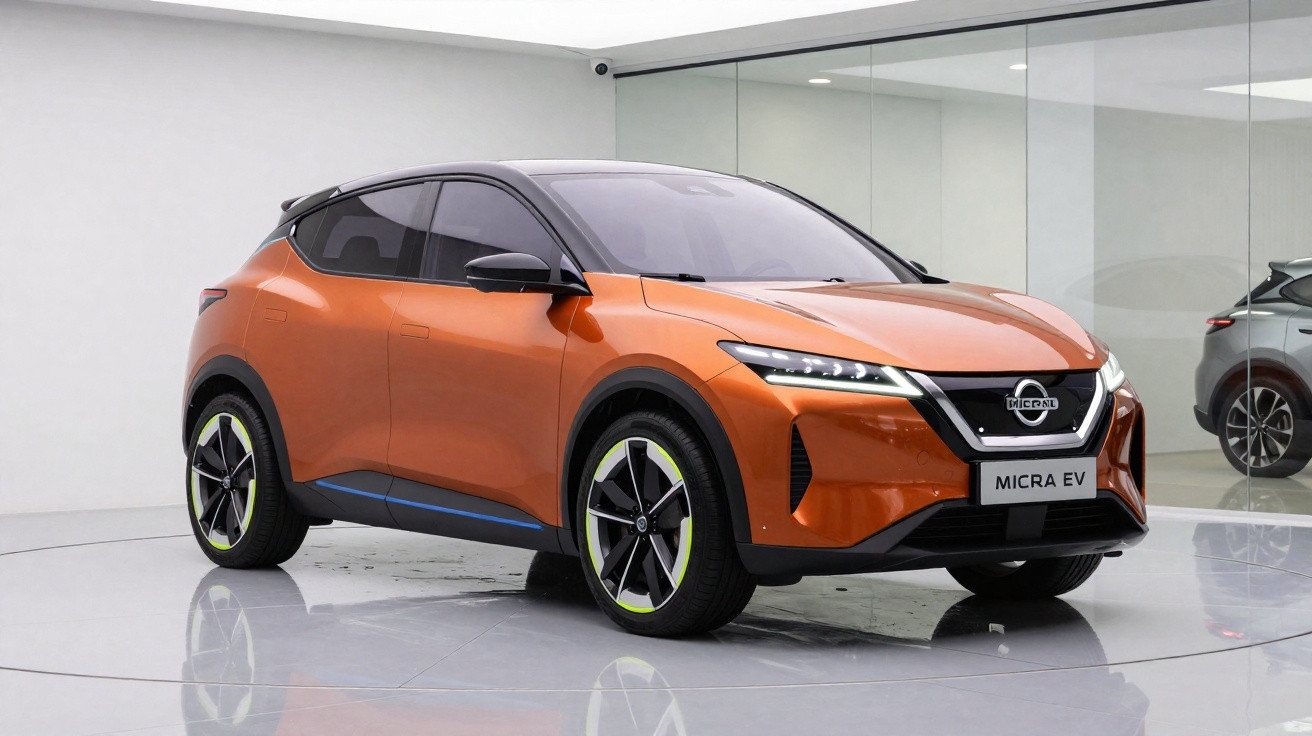 Carro elétrico Nissan Micra EV laranja em exposição num ambiente moderno e minimalista.