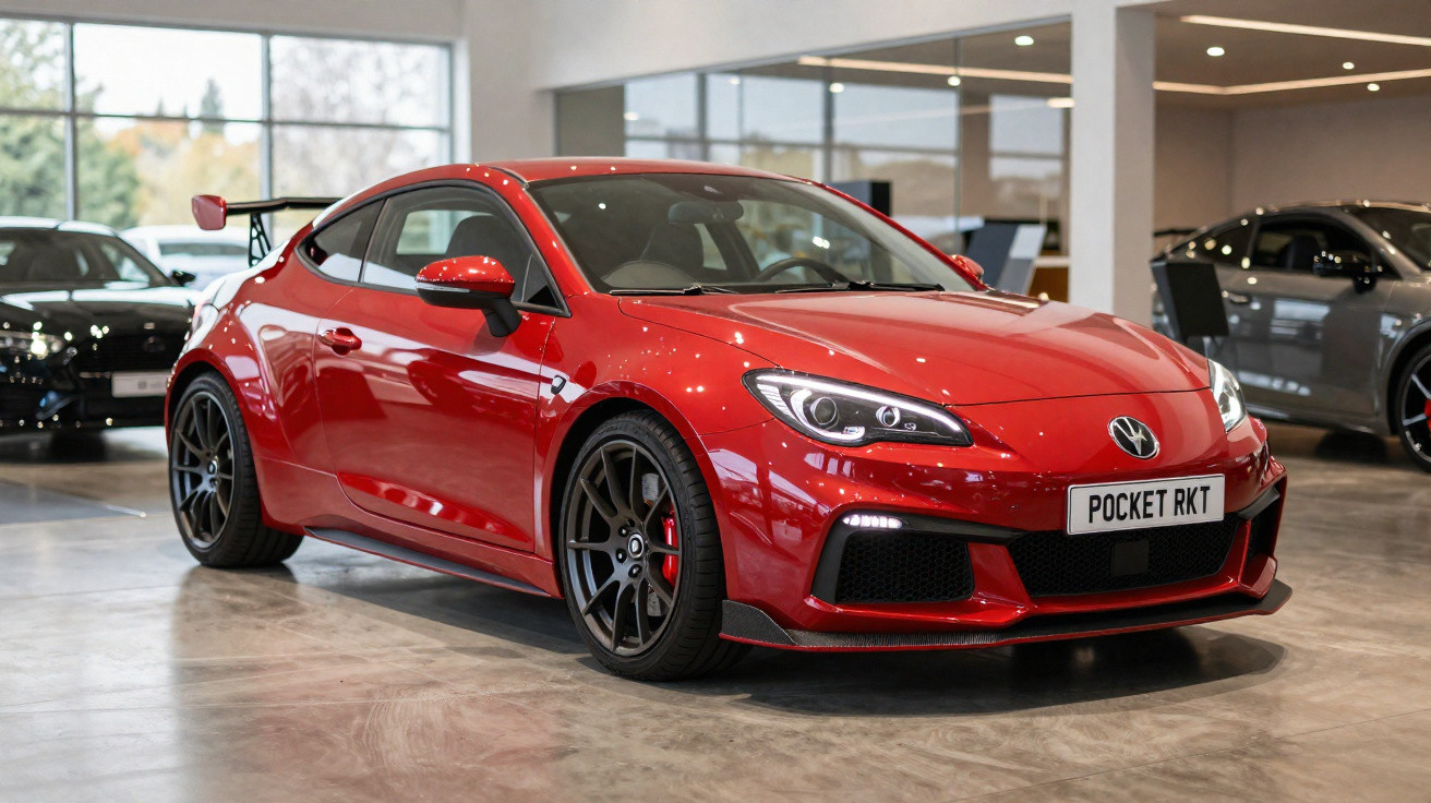 Carro desportivo vermelho brilhante estacionado num interior moderno com jantes pretas e spoiler traseiro.