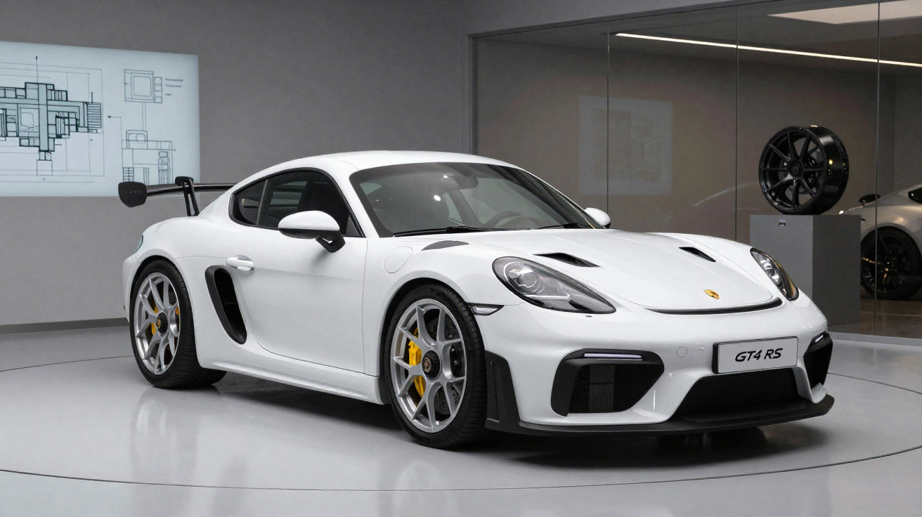 Carro desportivo Porsche GT4 RS branco numa exposição com rodas e planta técnica ao fundo.