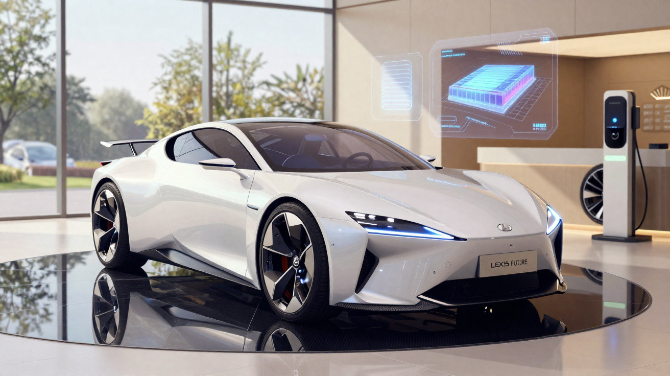 Carro desportivo branco elétrico Lexus futurista numa sala moderna com estação de carregamento.
