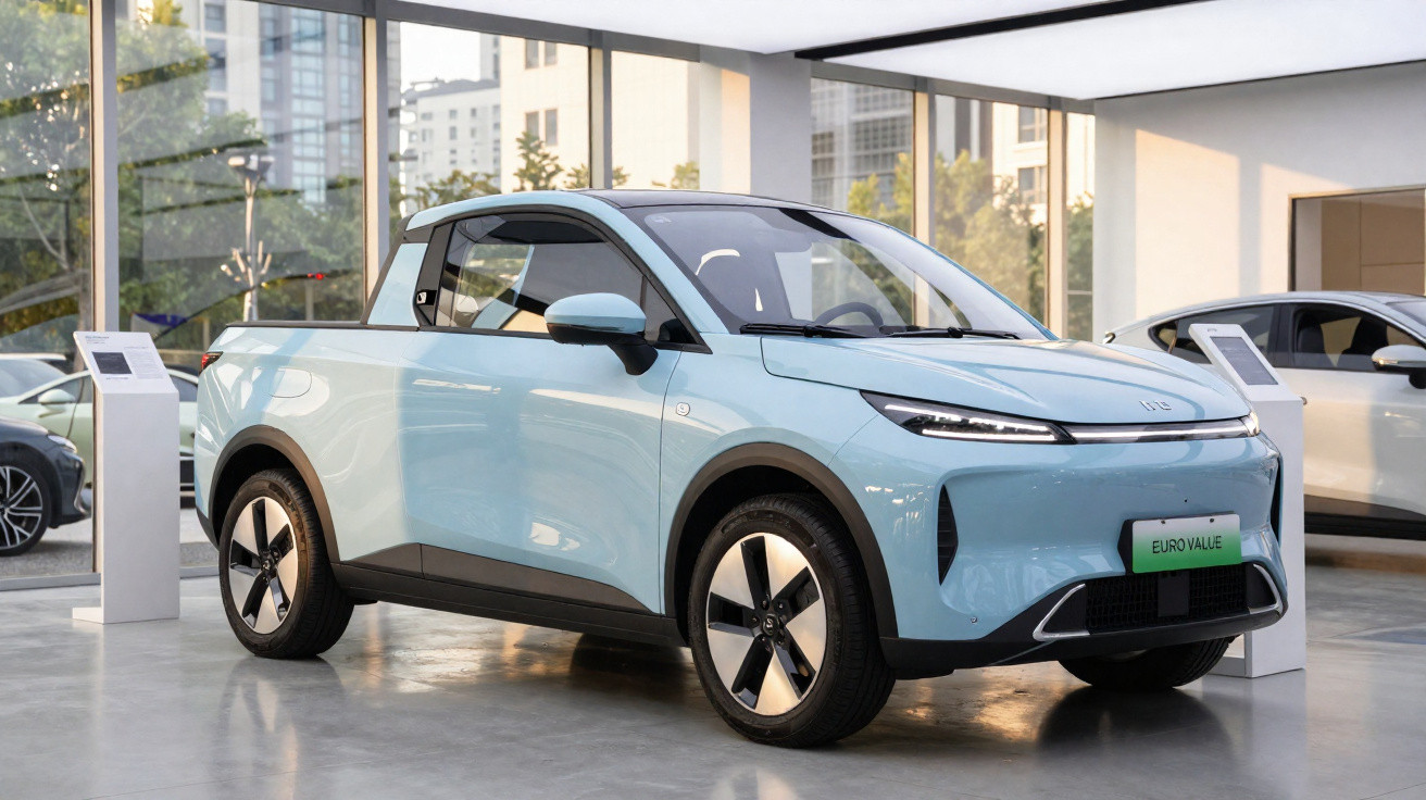 Carro elétrico azul claro, moderno, com design elegante e rodas aerodinâmicas, exposto em salão iluminado.