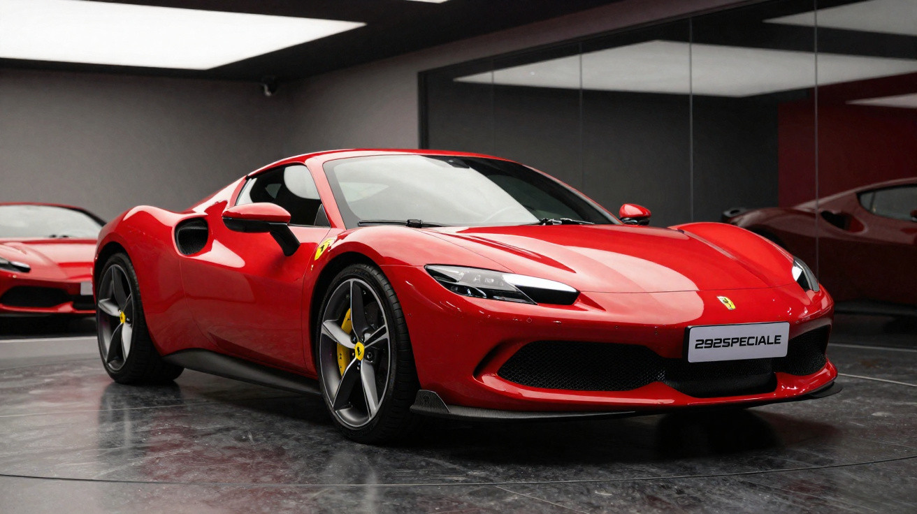 Carro desportivo Ferrari 292 Speciale vermelho exibido numa sala com paredes de espelho.