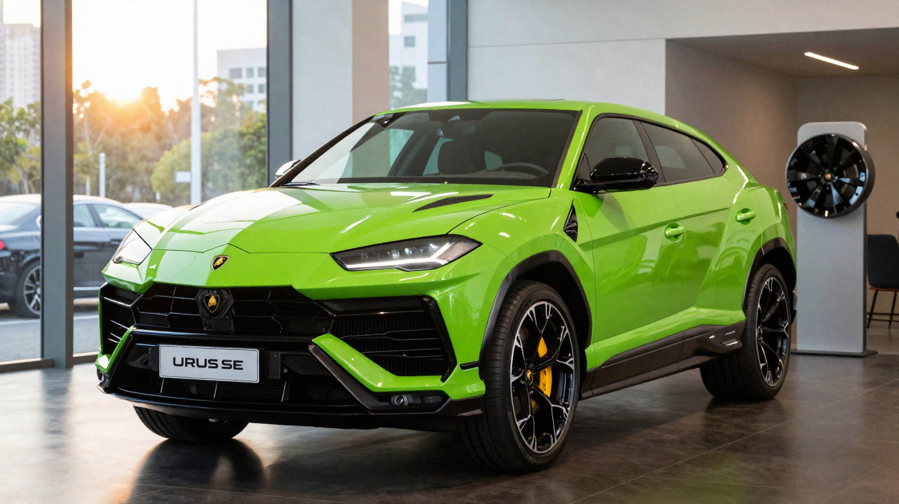 Lamborghini Urus SE verde estacionado em salão com janelas e pneus desportivos.