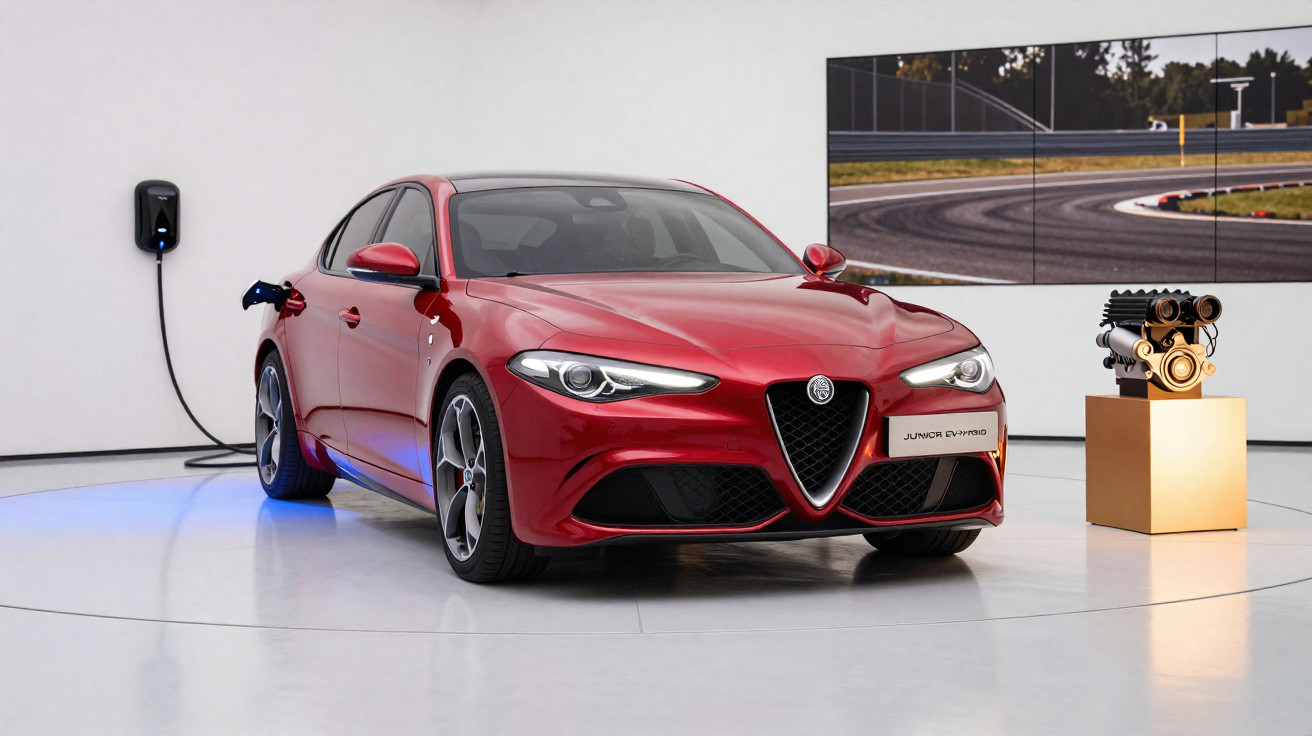 Carro desportivo elétrico vermelho Alfa Romeo Junior preenchido numa exposição interior, ligado a um carregador.