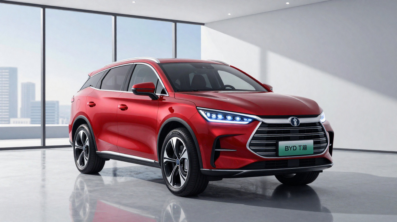 Carro SUV elétrico vermelho estacionado numa sala iluminada com janelas grandes e vista urbana ao fundo.
