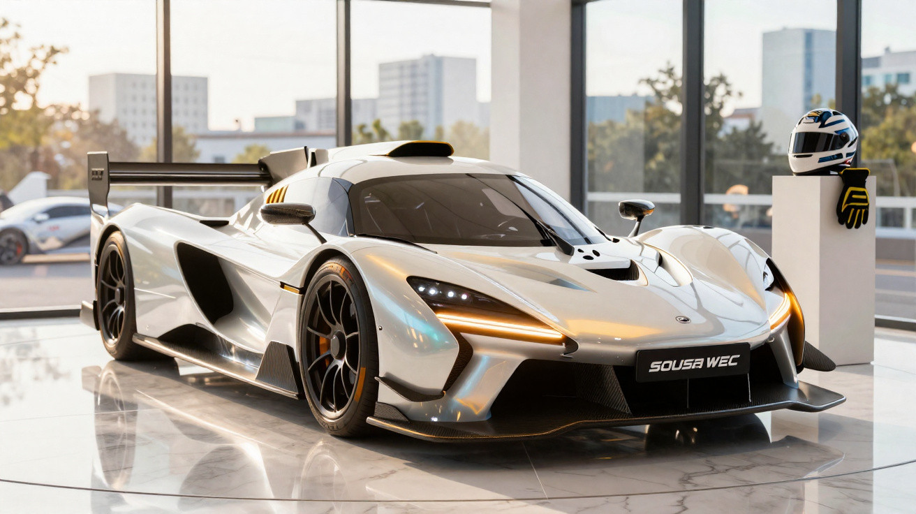 Carro de corrida prateado Sousa WEC exibido em salão moderno com capacete e luvas em pedestal ao lado.