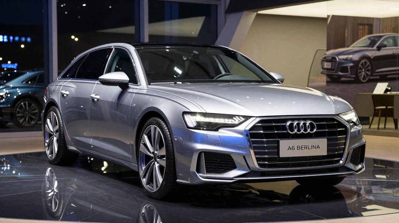 Audi A6 Berlina cinzento exibido numa sala de exposição moderna com iluminação interior.