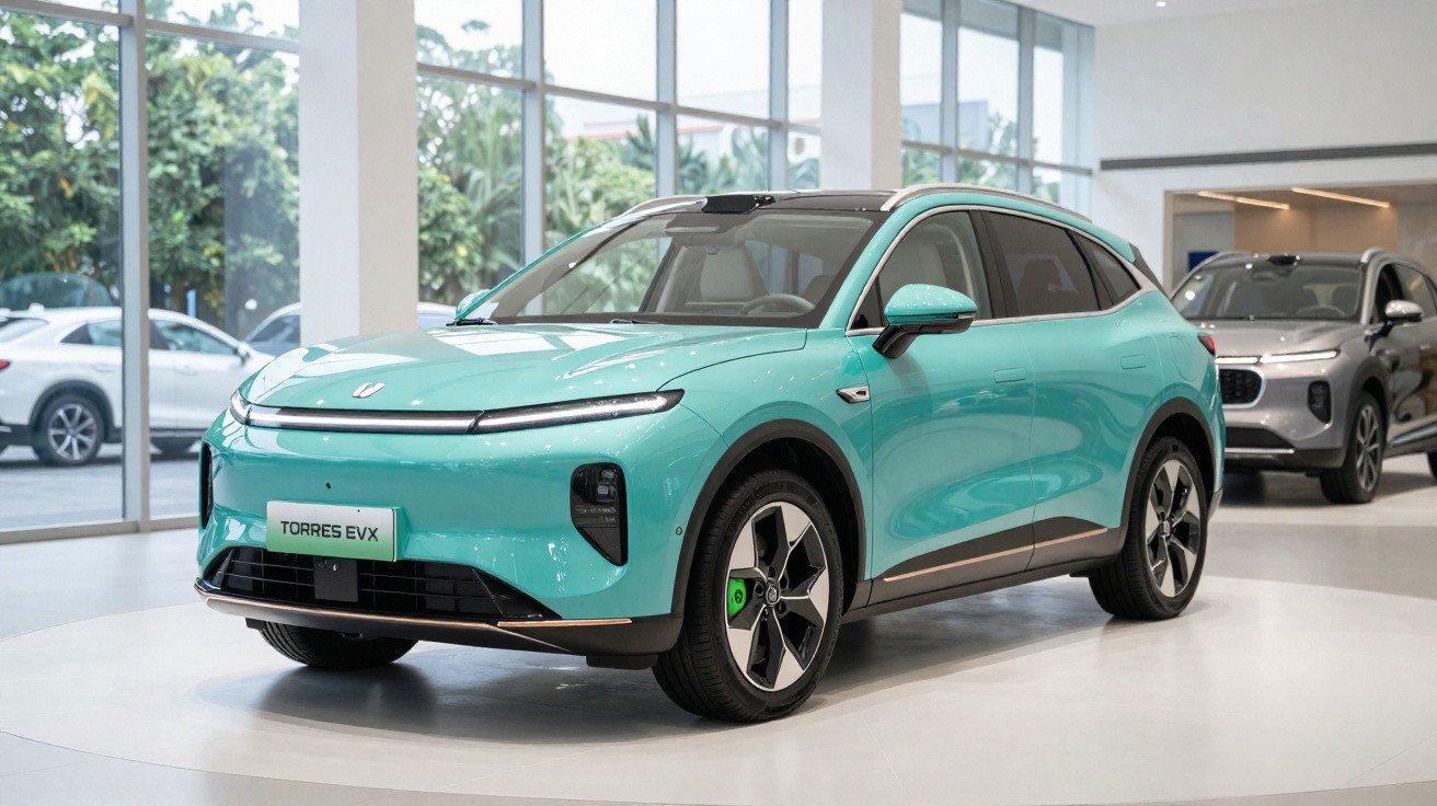 Carro elétrico SUV azul turquesa exposto num showroom moderno com janelas amplas.