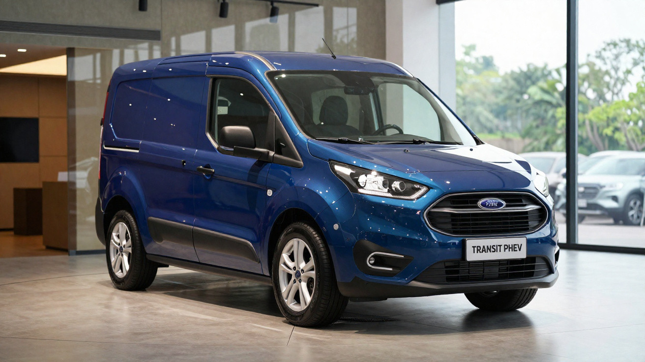 Carrinha de cargas Ford Transit PHEV azul exposta em showroom moderno com grandes janelas.