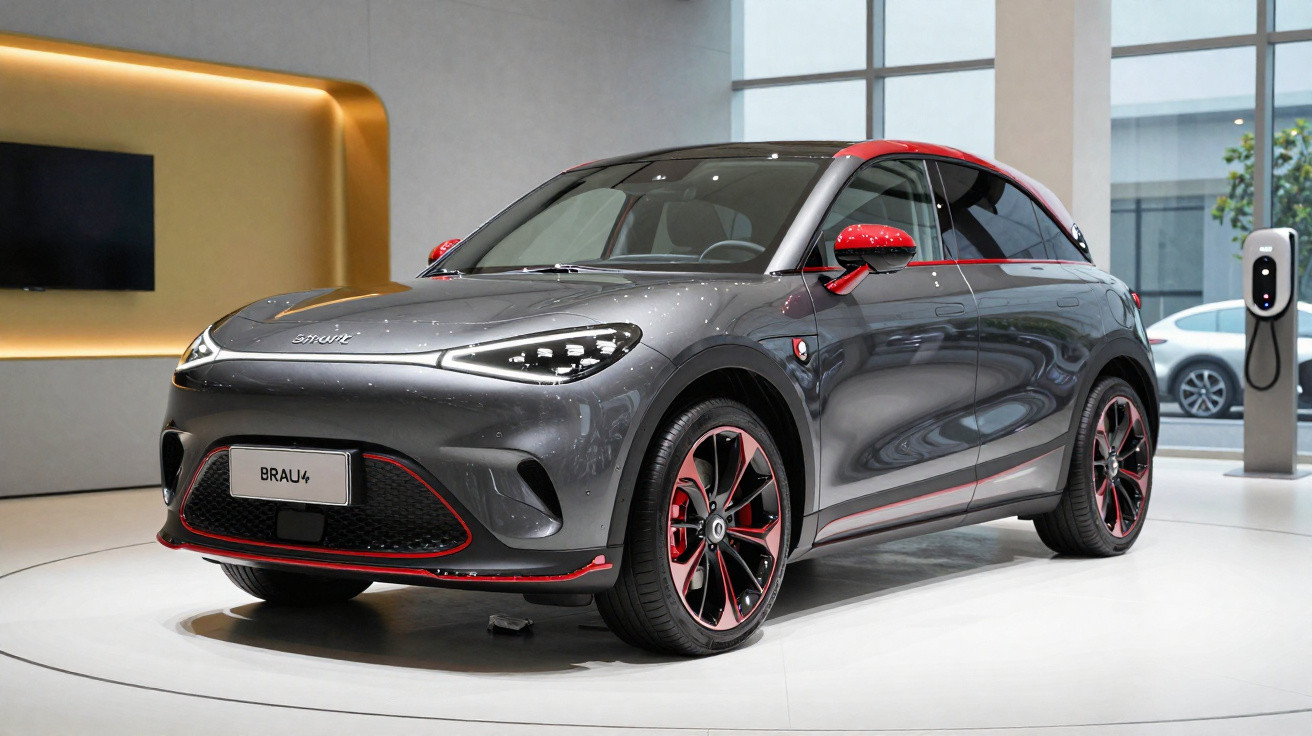Carro elétrico compacto cinza com detalhes vermelhos exposto em showroom moderno e estação de carregamento.