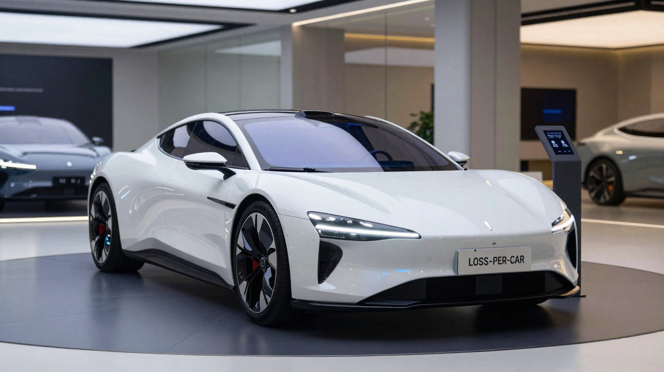 Carro eléctrico branco de alta tecnologia exibido em showroom moderno e minimalista.
