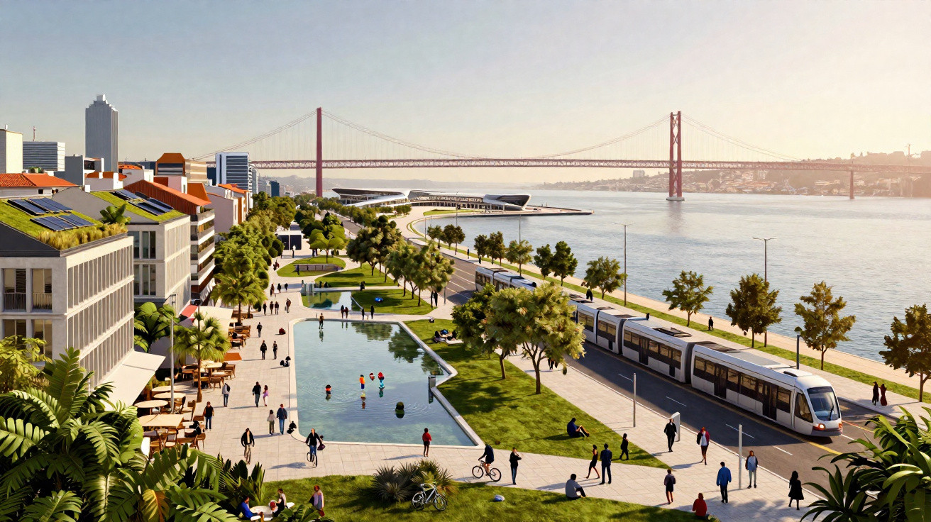Zona ribeirinha urbana com passadeiras, ciclovias, elétrico, gente a passear, e a ponte 25 de Abril ao fundo, Lisboa.