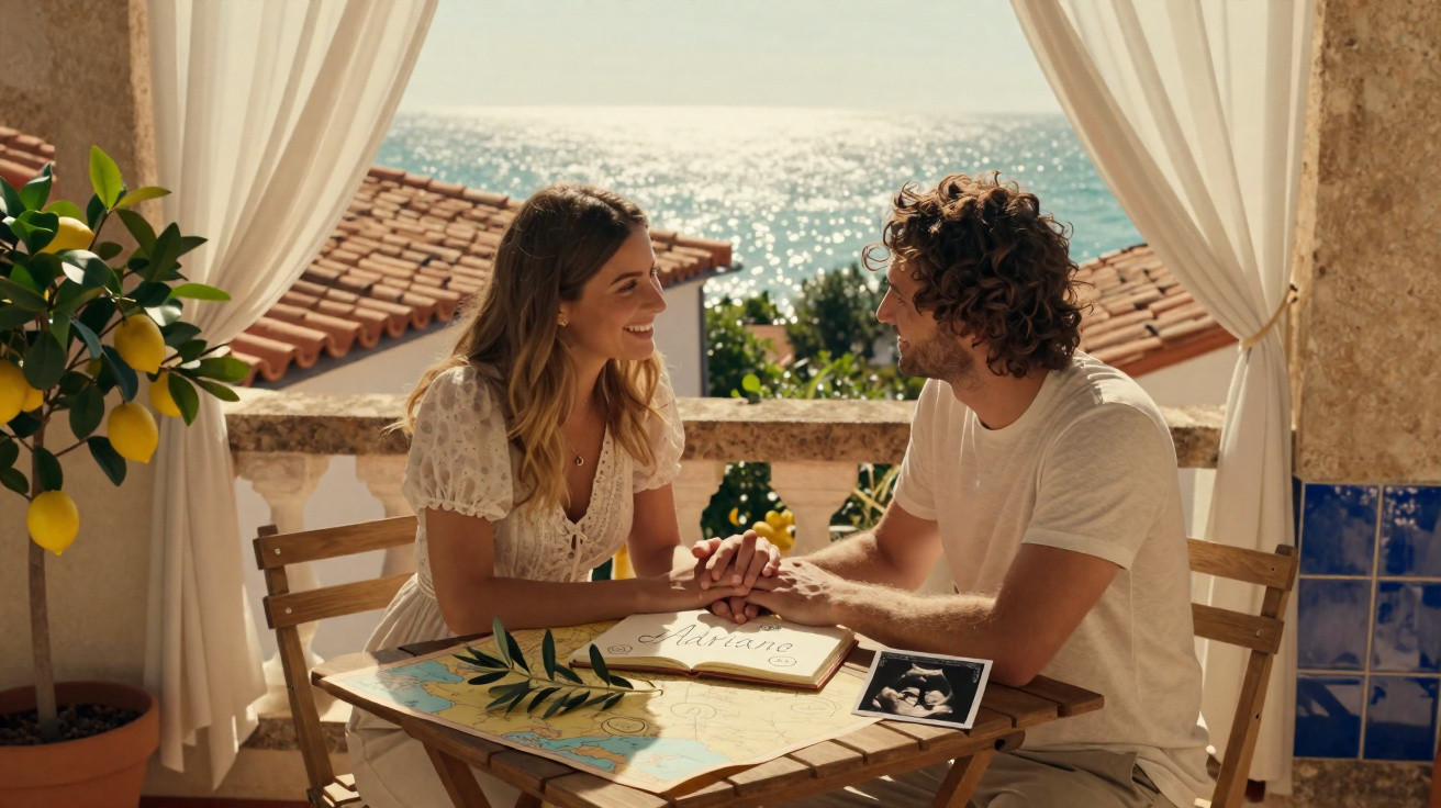 Casal feliz sentado numa varanda com vista para o mar, segurando as mãos e olhando um para o outro.