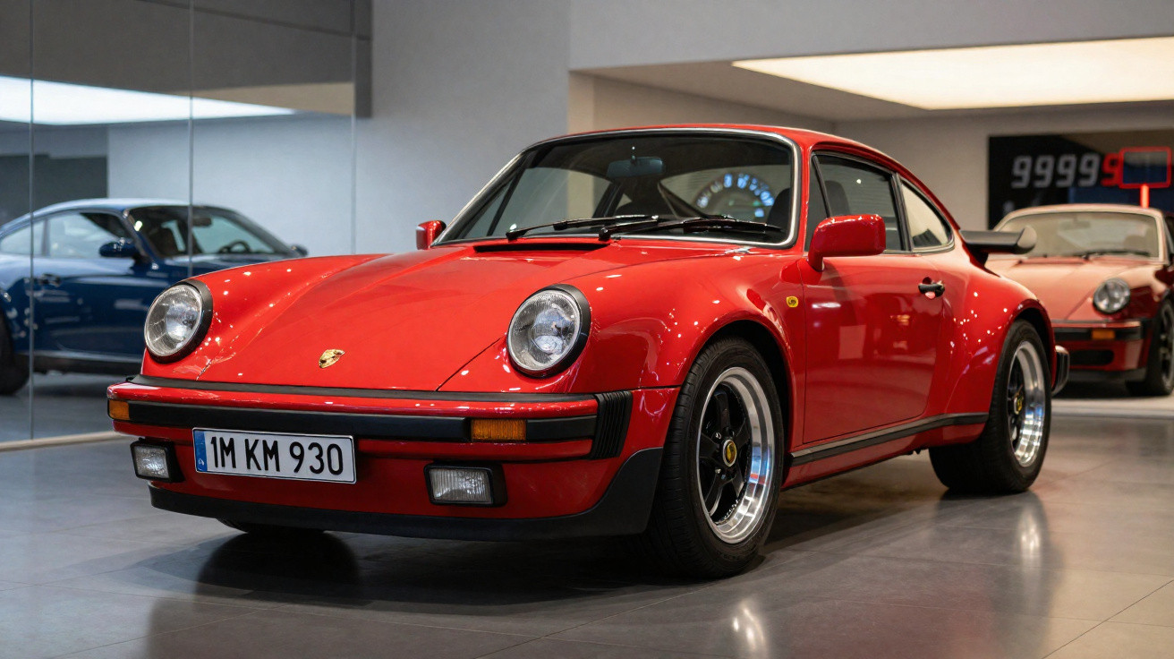 Carro desportivo clássico vermelho Porsche 911 estacionado em sala de exposição moderna com espelhos.