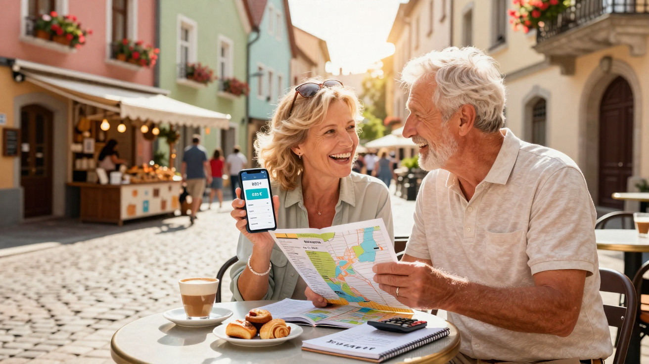 Casal sénior sentado numa esplanada com mapa e smartphone, desfrutando de café e pastelaria numa rua pitoresca.