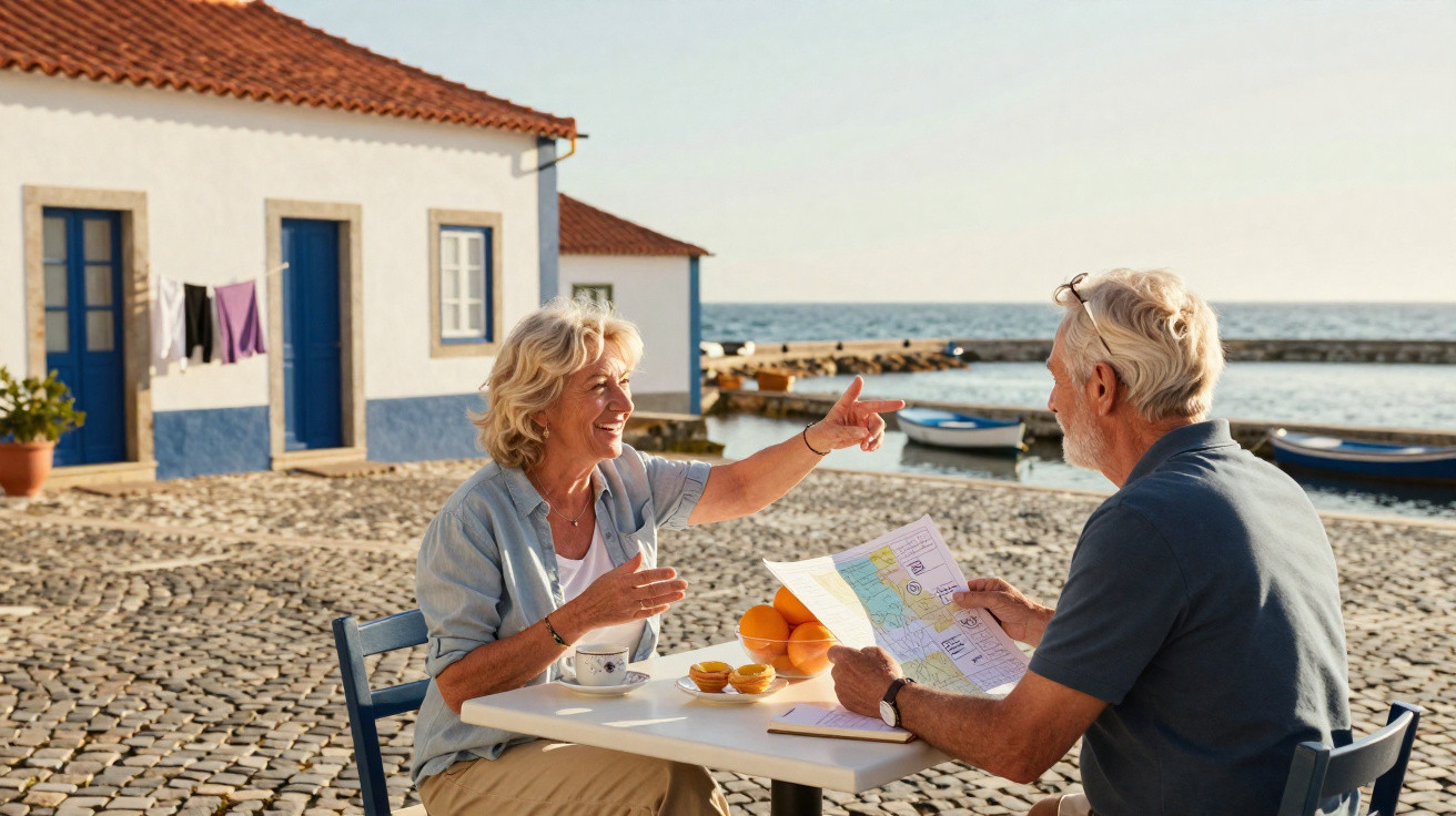 Casal sénior sentado numa mesa exterior junto ao mar, com mapa e frutas, diante de casas típicas portuguesas.