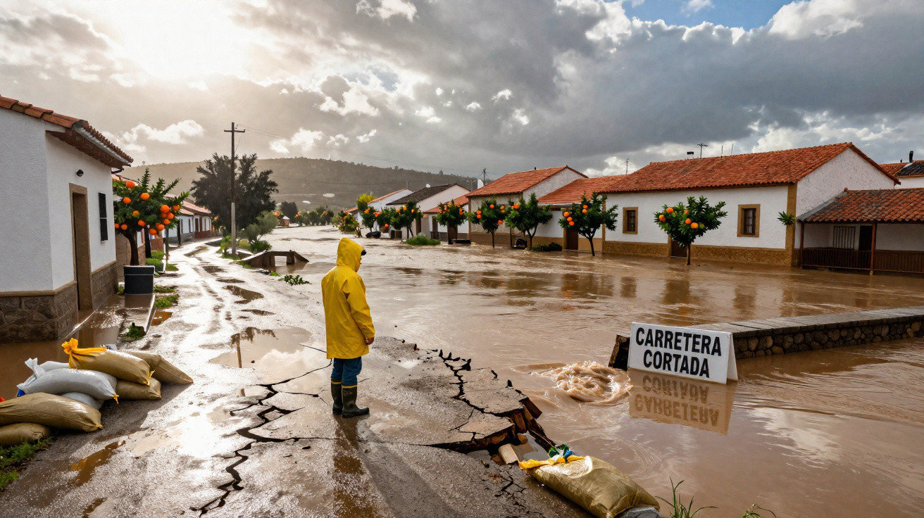 Pessoa de amarelo observa estrada partida e inundada junto a casas brancas com árvores de laranja, céu nublado.