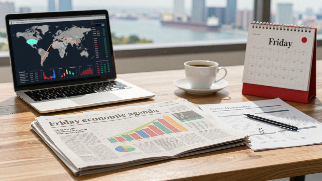 Mesa com laptop a mostrar mapa mundial, jornal com gráficos, calendário assinalado na sexta-feira e chá quente.