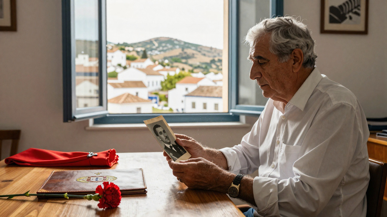 Homem idoso sentado à mesa a olhar nostalgicamente para uma fotografia antiga numa sala com janela aberta.