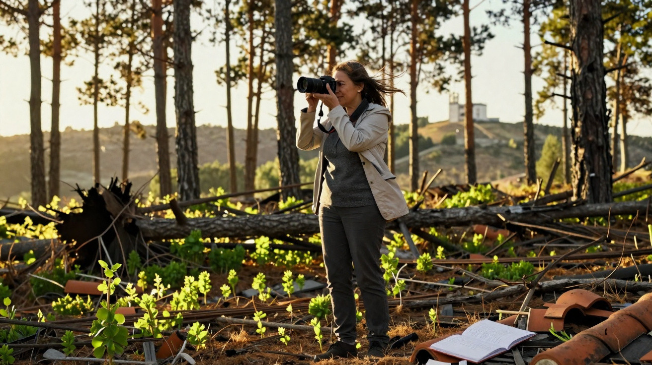Mulher em floresta tira foto com câmera, rodeada de árvores e vegetação ao entardecer.