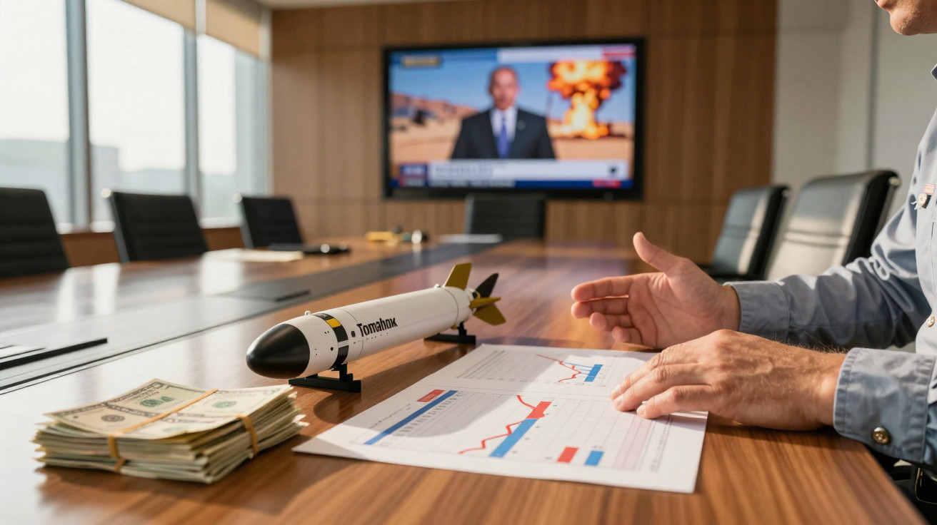Mesa de reunião com maquete de míssil, documentos financeiros, moeda e televisão com imagem de explosão nuclear.