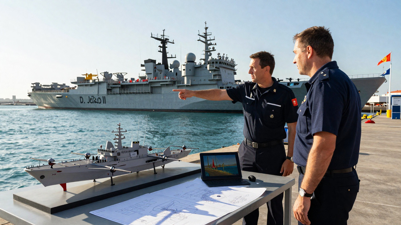 Dois oficiais navais portugueses discutem planos junto a maquete de navio no cais, com navio D. João II ao fundo.