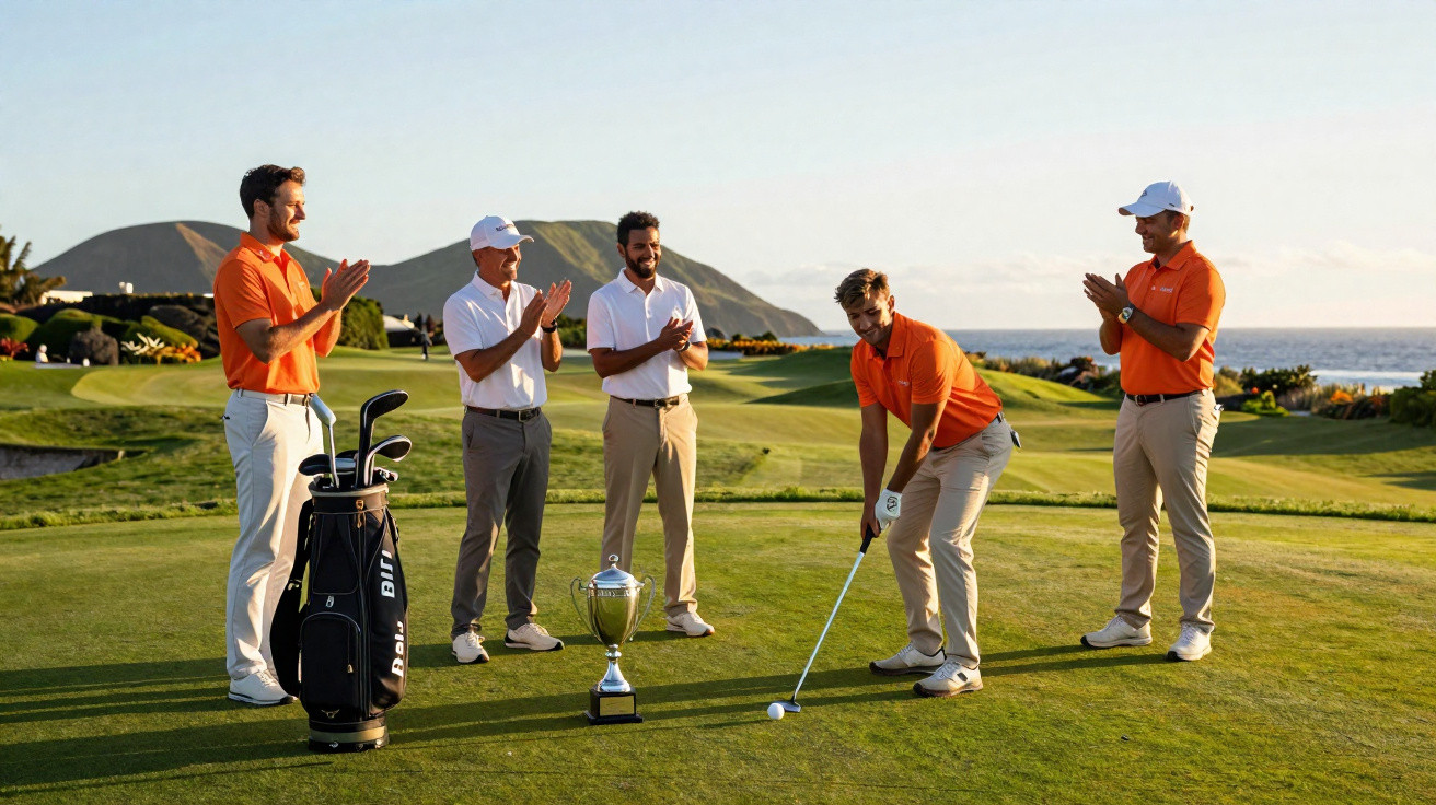 Cinco golfistas, três de laranja e dois de branco, a aplaudir jogador a preparar putt em campo com troféu.