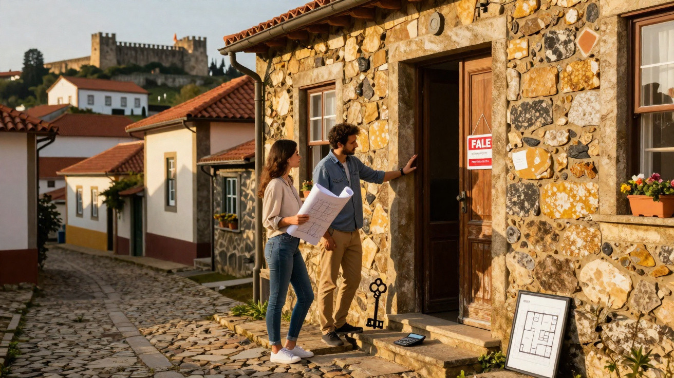 Casal a visitar casa rústica para venda com plantas e chave junto a porta, em rua com calçada e castelo ao fundo.