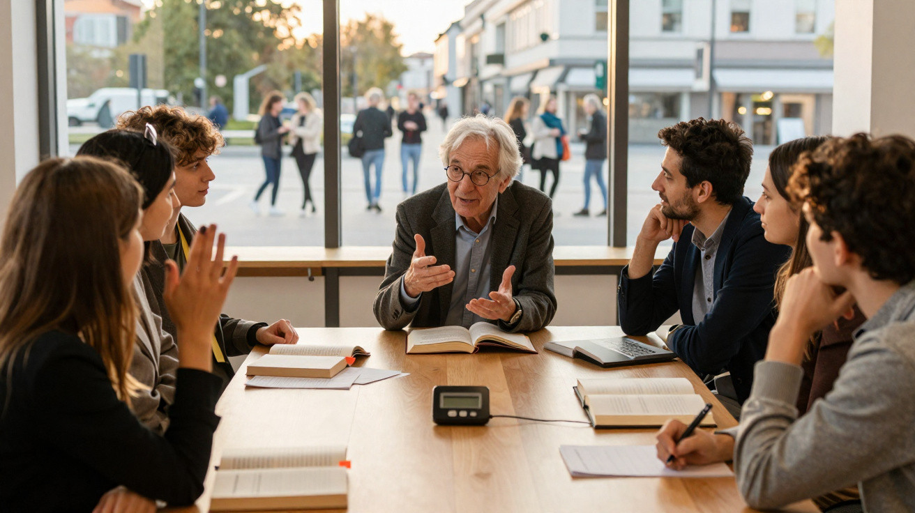 Professor idoso a debater assunto com grupo de estudantes à volta de mesa com livros e cadernos, num espaço com grandes janel