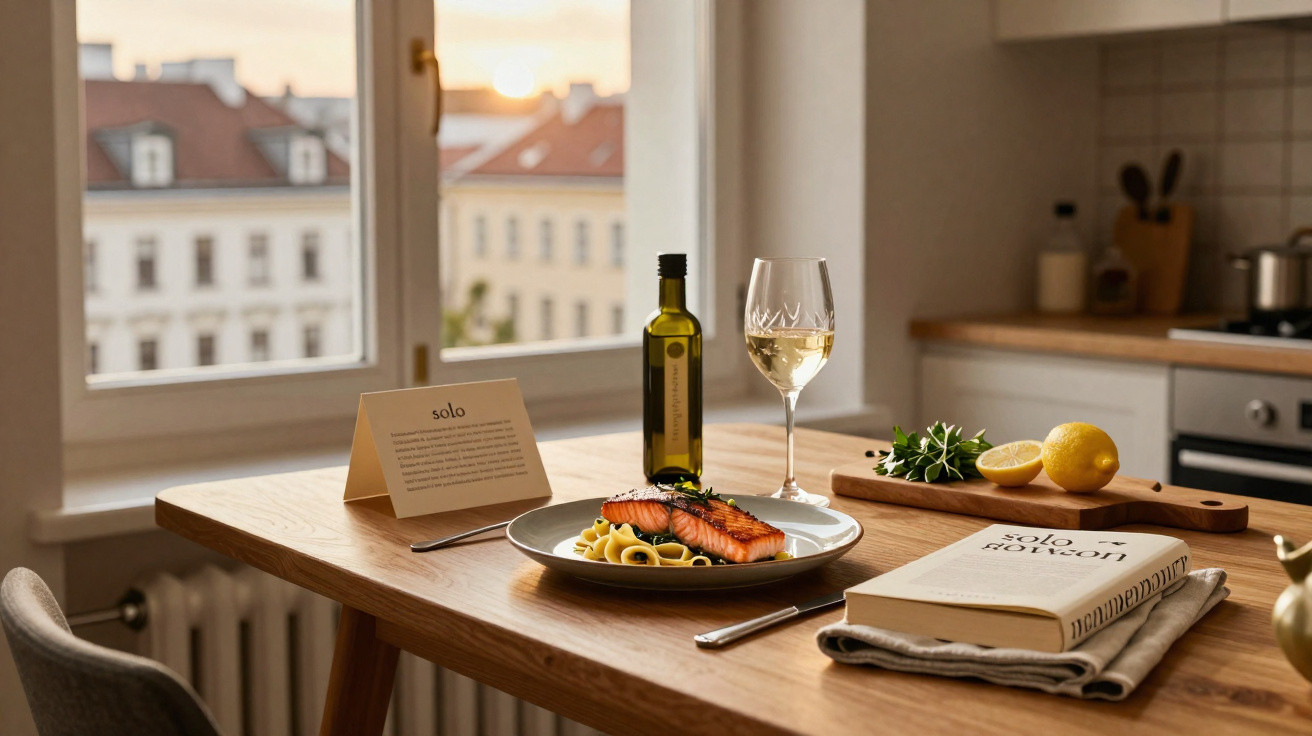 Mesa de madeira com prato de salmão, vinho branco, azeite e limão junto a janela com vista urbana ao pôr do sol.