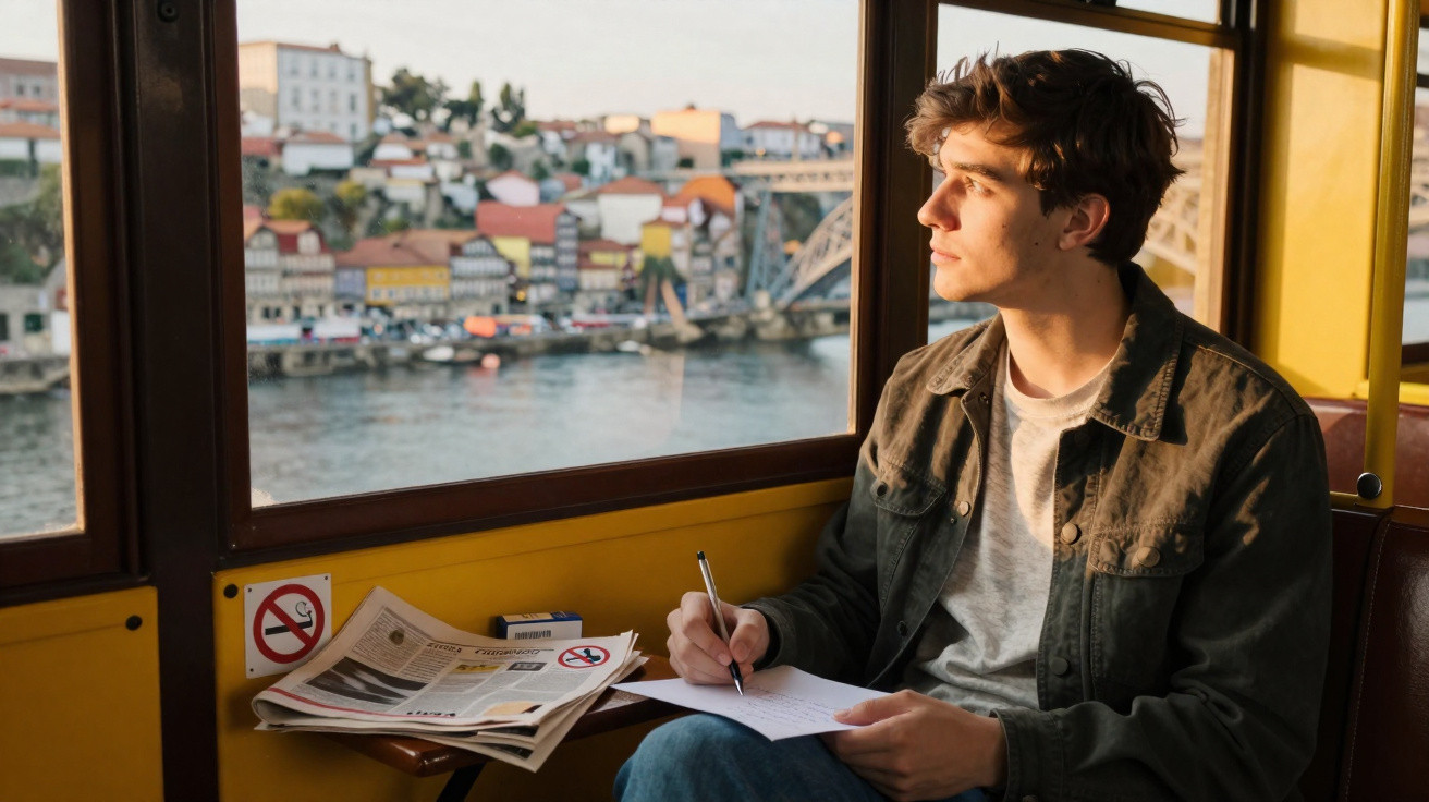 Homem jovem escreve numa folha dentro de eléctrico com vista para rio e cidade ao entardecer.