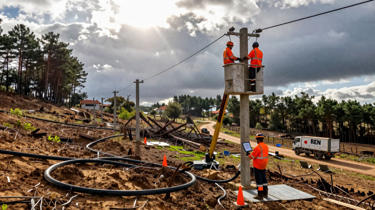Trabalhadores com coletes laranja realizam manutenção em postas de eletricidade numa área rural.