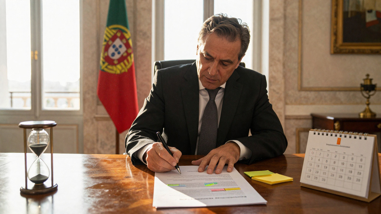 Homem de negócios sentado à secretária a assinar documentos com bandeira de Portugal ao fundo.