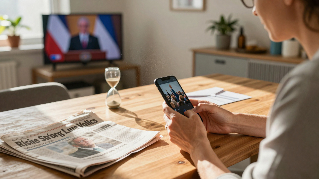 Pessoa a usar telemóvel com notícia política, jornal e televisão ligados numa sala iluminada.