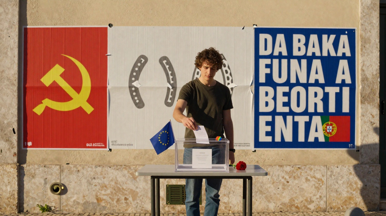 Jovem a votar numa urna transparente numa mesa, com três cartazes políticos na parede atrás.