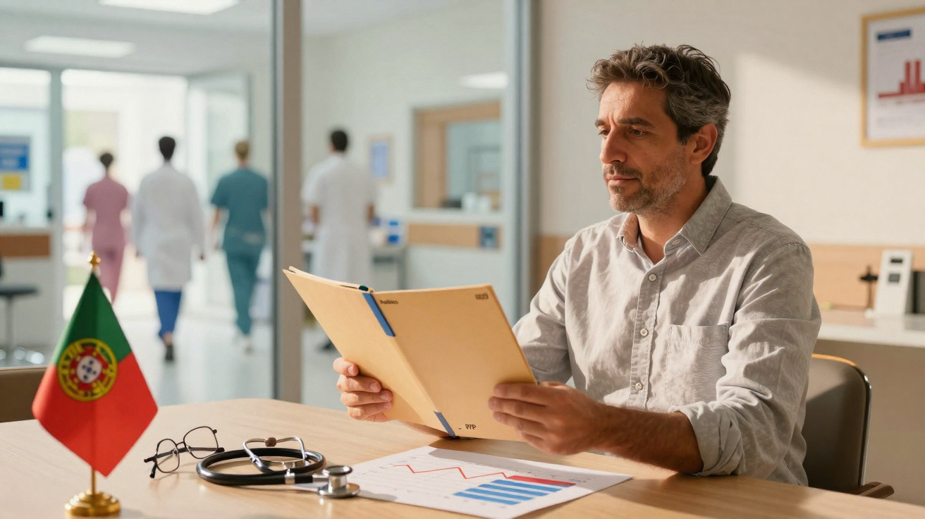 Homem sentado numa sala de consulta a ler um dossiê médico com símbolos de saúde e bandeira de Portugal na mesa.