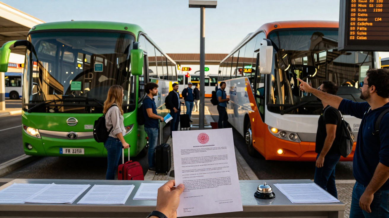 Pessoa segurando documento num balcão com autocarros estacionados e viajantes à espera numa estação.