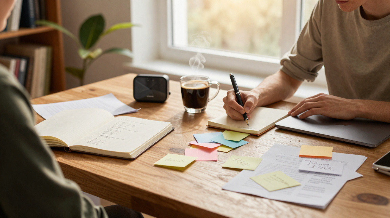 Pessoa a escrever em bloco de notas numa secretária com post-its, livros e uma chávena de café fumegante.