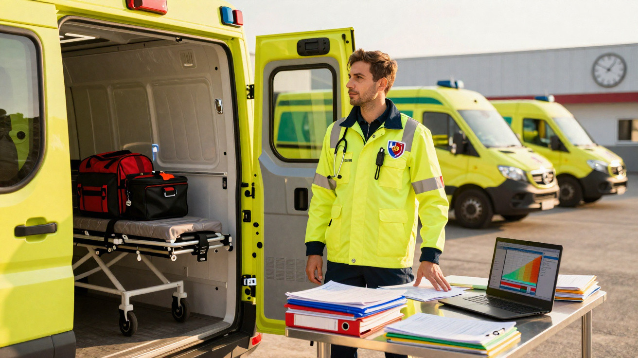 Paramédico com farda amarela junto a ambulância aberta e mesa com documentos e computador portátil.