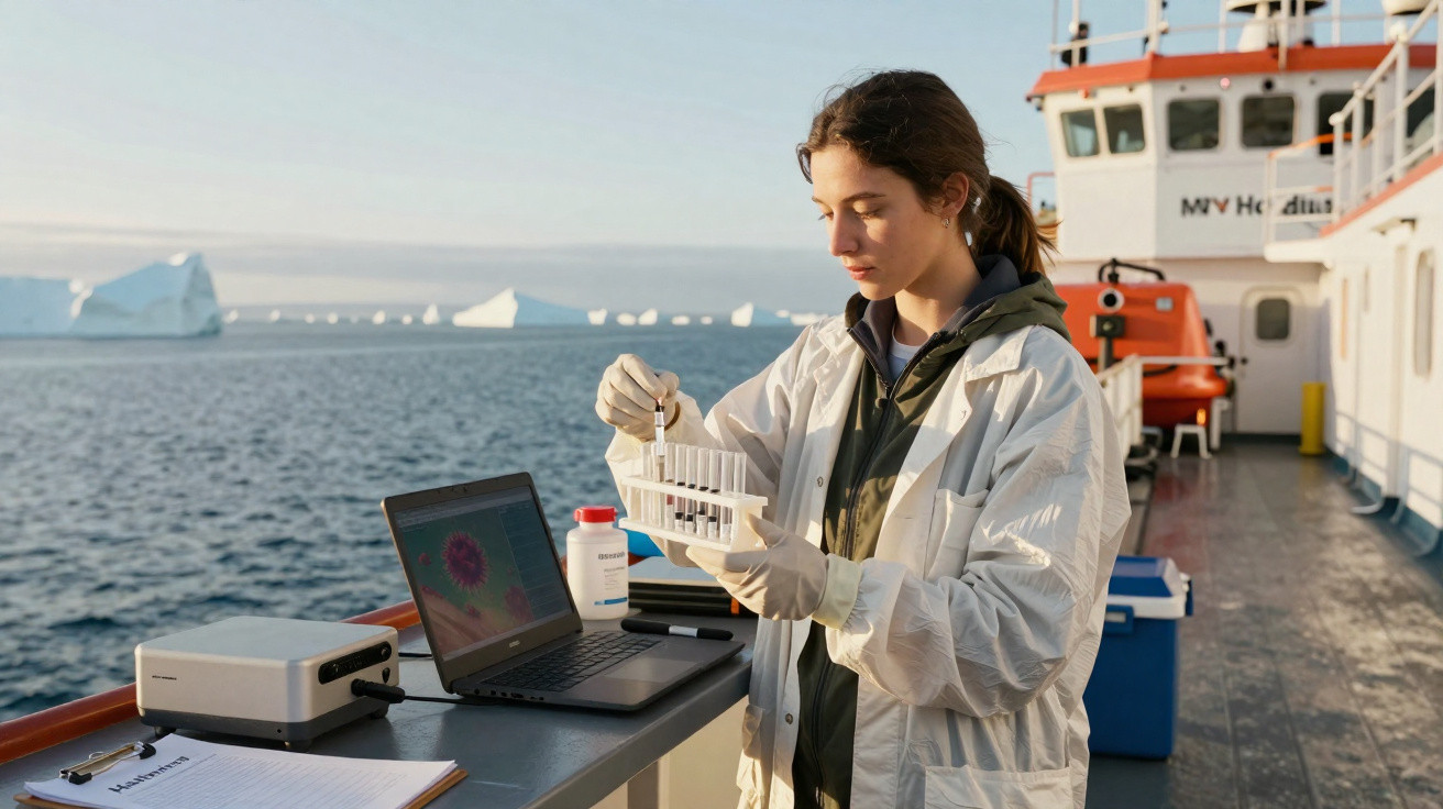 Cientista a realizar análises laboratoriais num navio em ambiente polar com icebergs ao fundo.